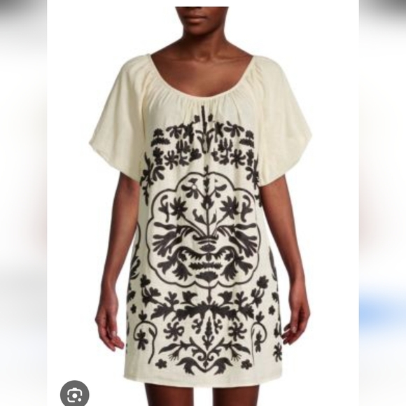 Free People Cream Dress with Black Floral Embroidery and Pockets, P2P 18 - Picture 3 of 9
